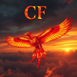 A majestic and large mythical firebird soaring majestically through the sky, its feathers glowing with vibrant flames of red, orange, and gold