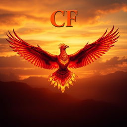 A majestic and large mythical firebird soaring majestically through the sky, its feathers glowing with vibrant flames of red, orange, and gold