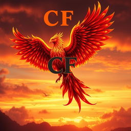 A majestic and large mythical firebird soaring majestically through the sky, its feathers glowing with vibrant flames of red, orange, and gold