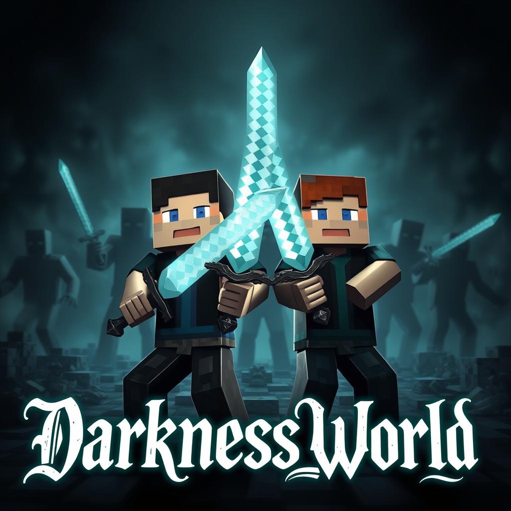 A dark and scary Minecraft survival world filled with ominous shadows and eerie creatures, including several menacing zombies lurking in the background