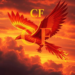 A large mythical firebird, majestic and resplendent, soaring through a vibrant sky filled with warm hues of red, orange, and gold
