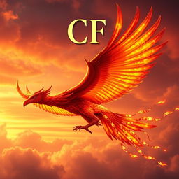 A large mythical firebird, majestic and resplendent, soaring through a vibrant sky filled with warm hues of red, orange, and gold