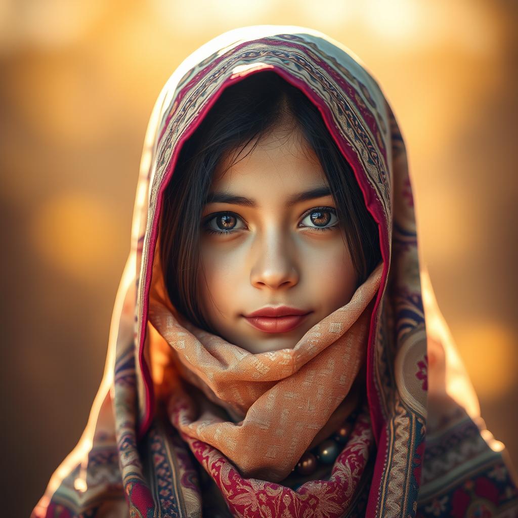 A beautiful portrait of a girl wearing a traditional veil, showcasing intricate patterns and vibrant colors