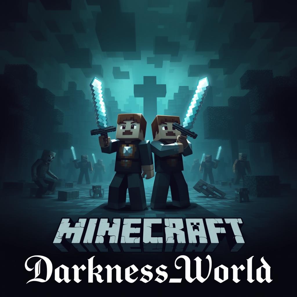A dark and eerie Minecraft survival world scene, featuring a gloomy landscape filled with ominous shadows and pixelated trees