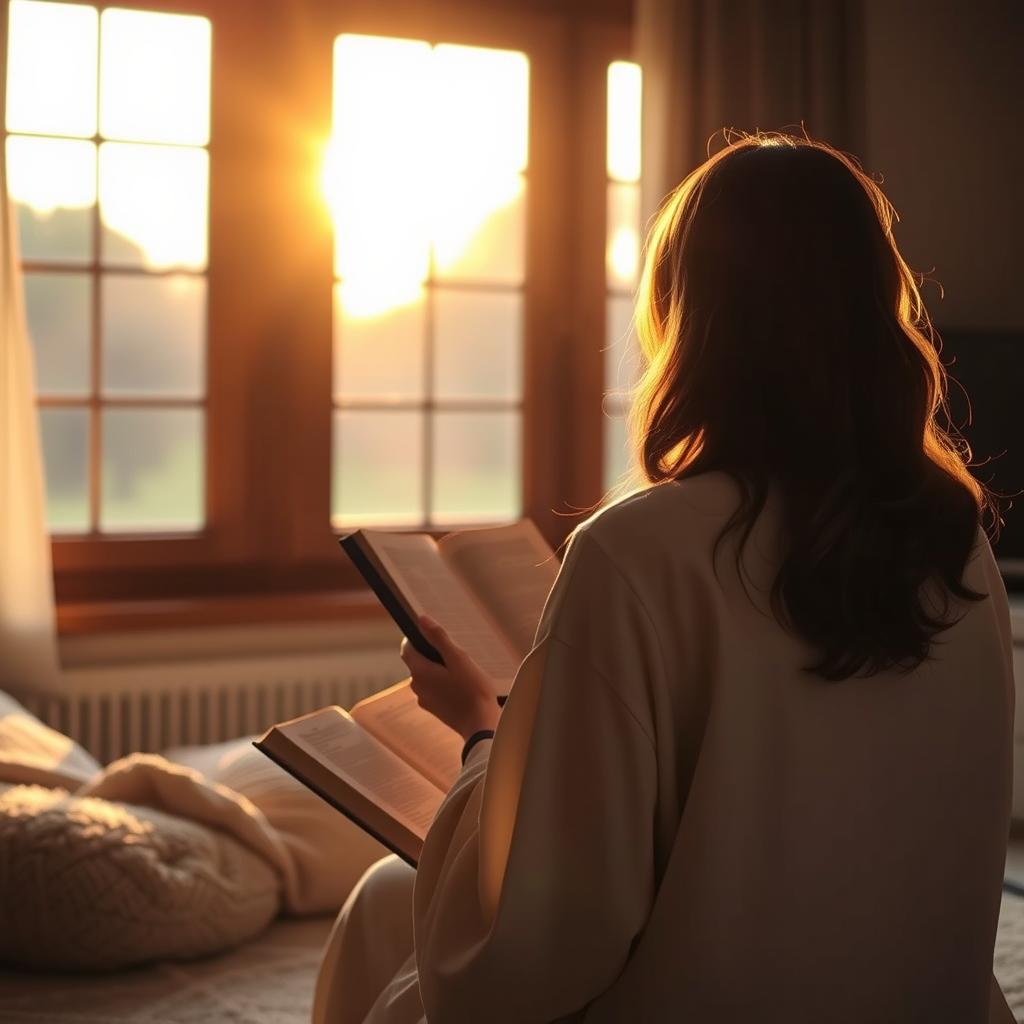 A serene scene of a mother praying with her back to the viewer, facing a large window where the warm colors of a sunrise gently illuminate the room