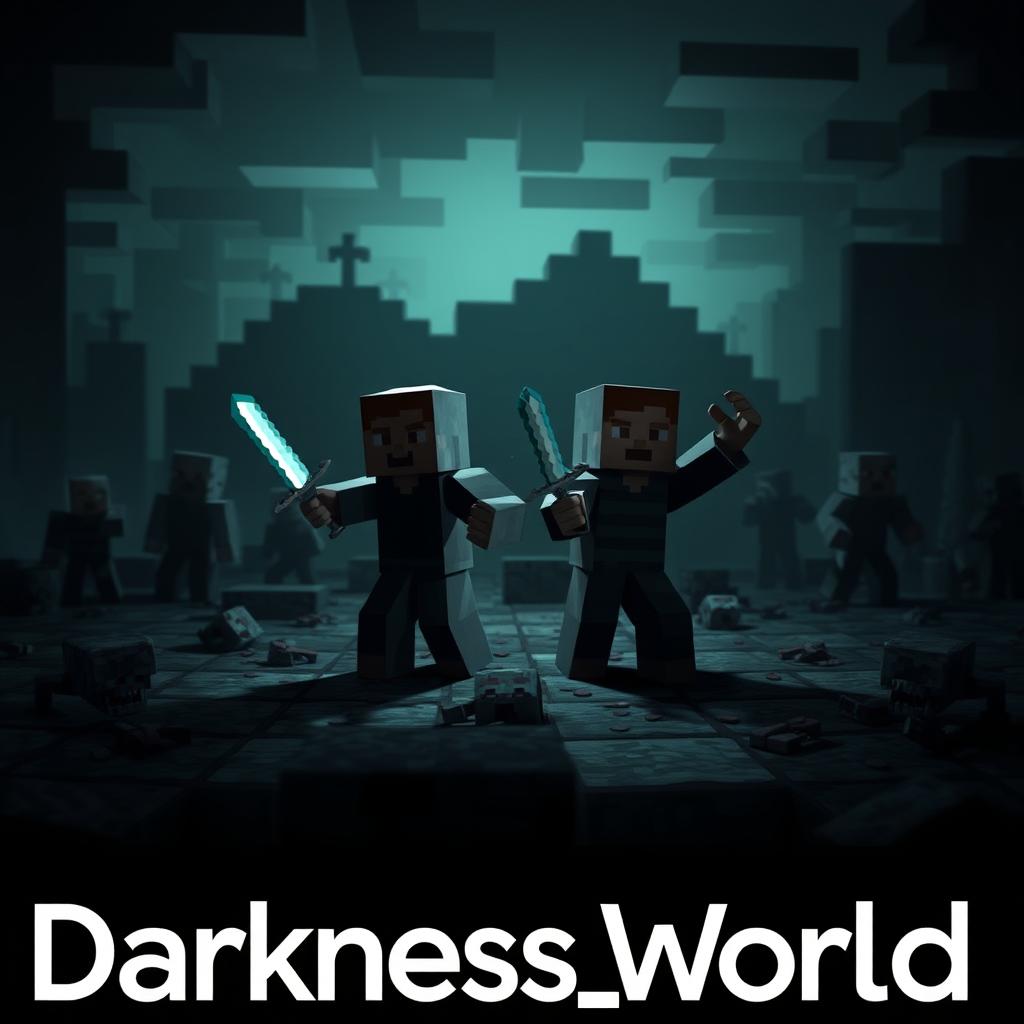 A dark and eerie Minecraft survival world scene, showcasing a sinister landscape with shadows and pixelated terrain