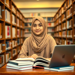 A Muslim hijab-wearing female student in a university setting, studying pharmacy