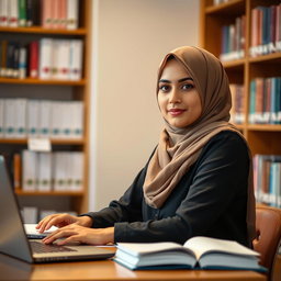 A Muslim hijab-wearing female student in a university setting, studying pharmacy