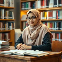 A Muslim hijab-wearing female student in a university setting, studying pharmacy
