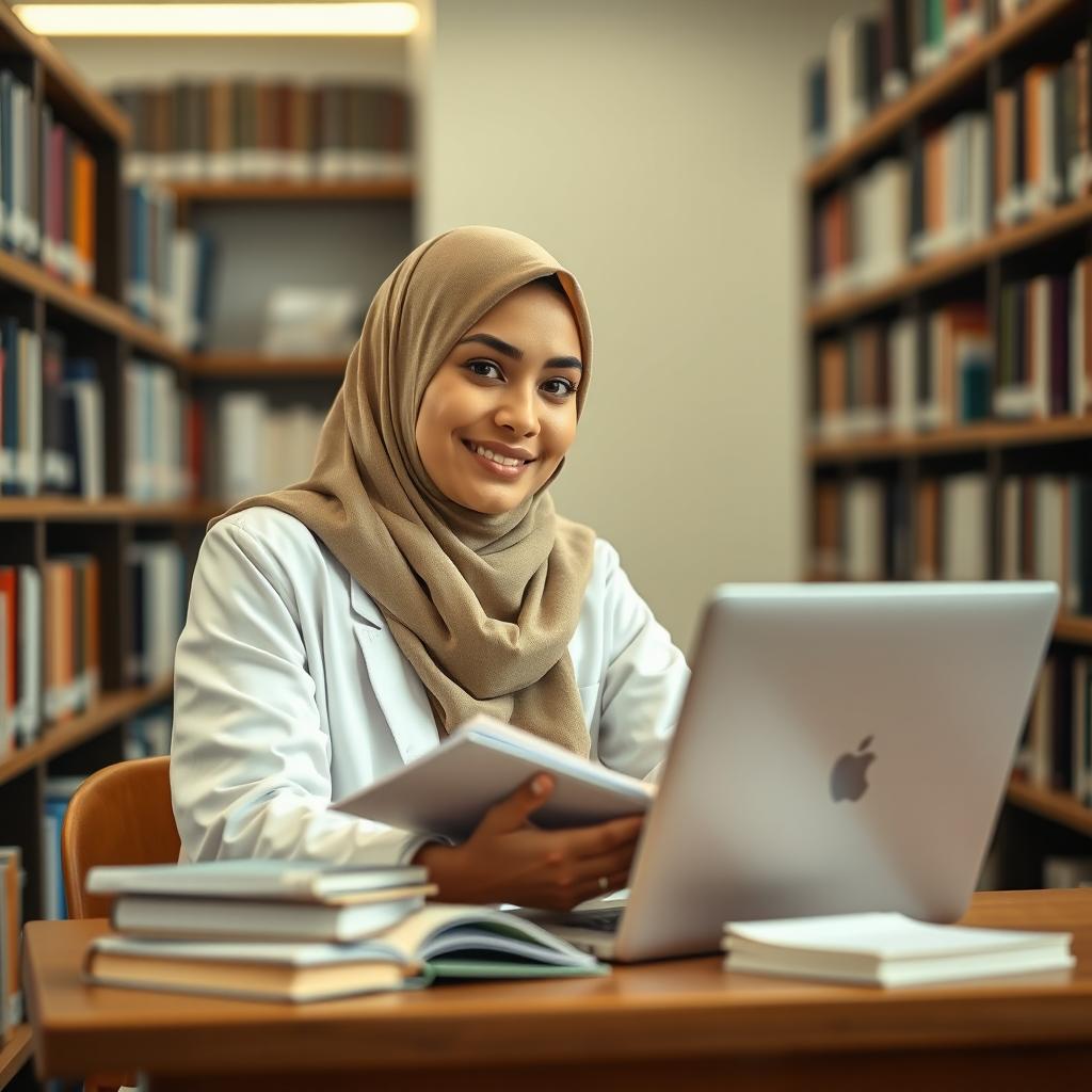 A Muslim hijab-wearing female student in a university setting, studying pharmacy