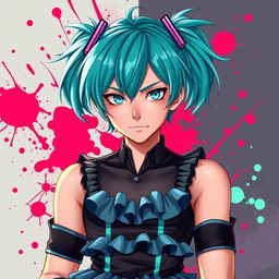 A digital art portrayal of Dexter Morgan, a character known for his dark, complex personality, dressed in a vibrant Hatsune Miku costume