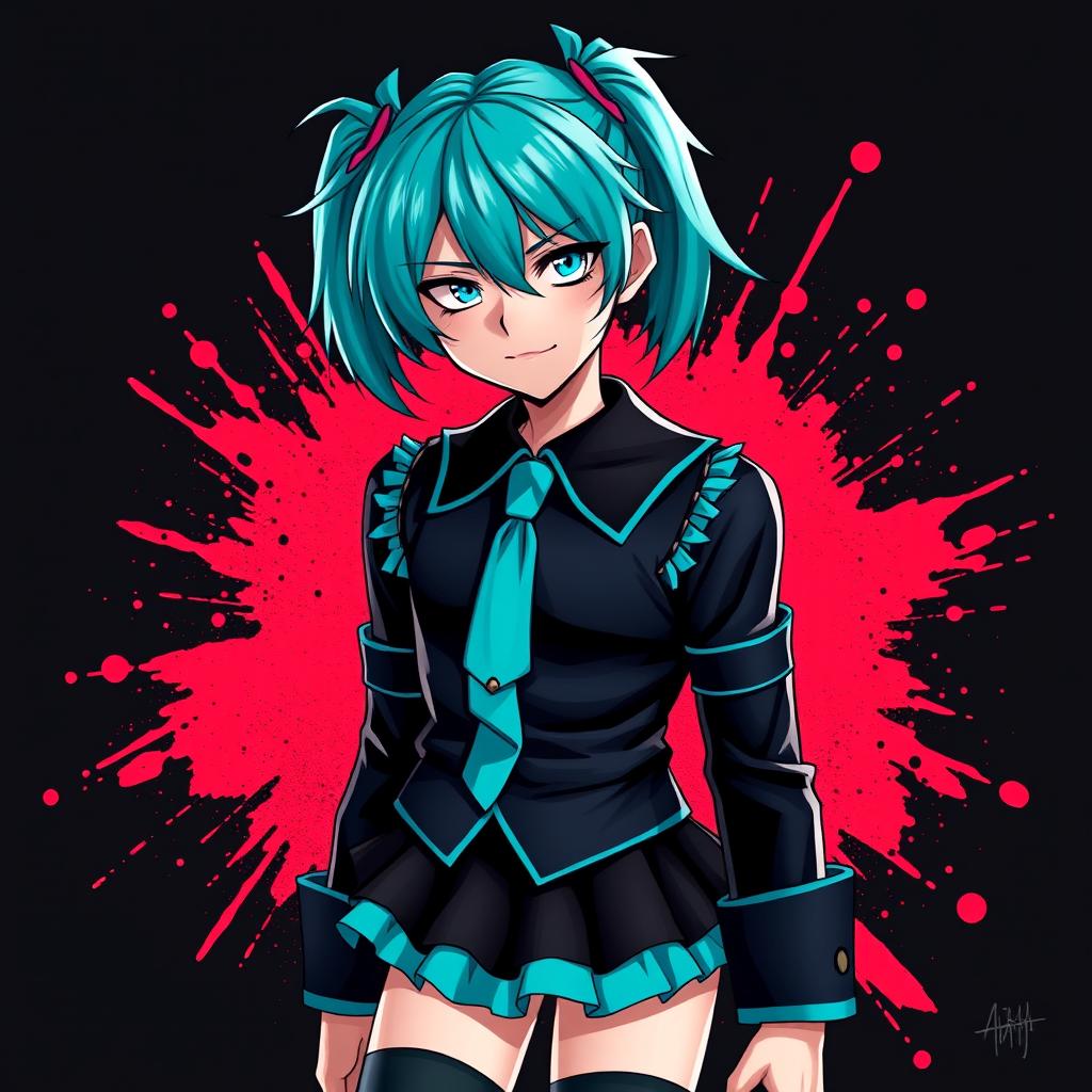 A digital art portrayal of Dexter Morgan, a character known for his dark, complex personality, dressed in a vibrant Hatsune Miku costume
