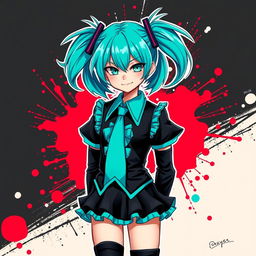 A digital art portrayal of Dexter Morgan, a character known for his dark, complex personality, dressed in a vibrant Hatsune Miku costume
