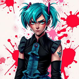 A digital art portrayal of Dexter Morgan, a character known for his dark, complex personality, dressed in a vibrant Hatsune Miku costume