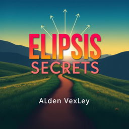 A flat cover design for a book titled 'Elipsis Secrets', centered in bold, eye-catching typography with vibrant color contrast over a serene landscape background featuring a winding path leading toward a bright horizon, symbolizing transformation