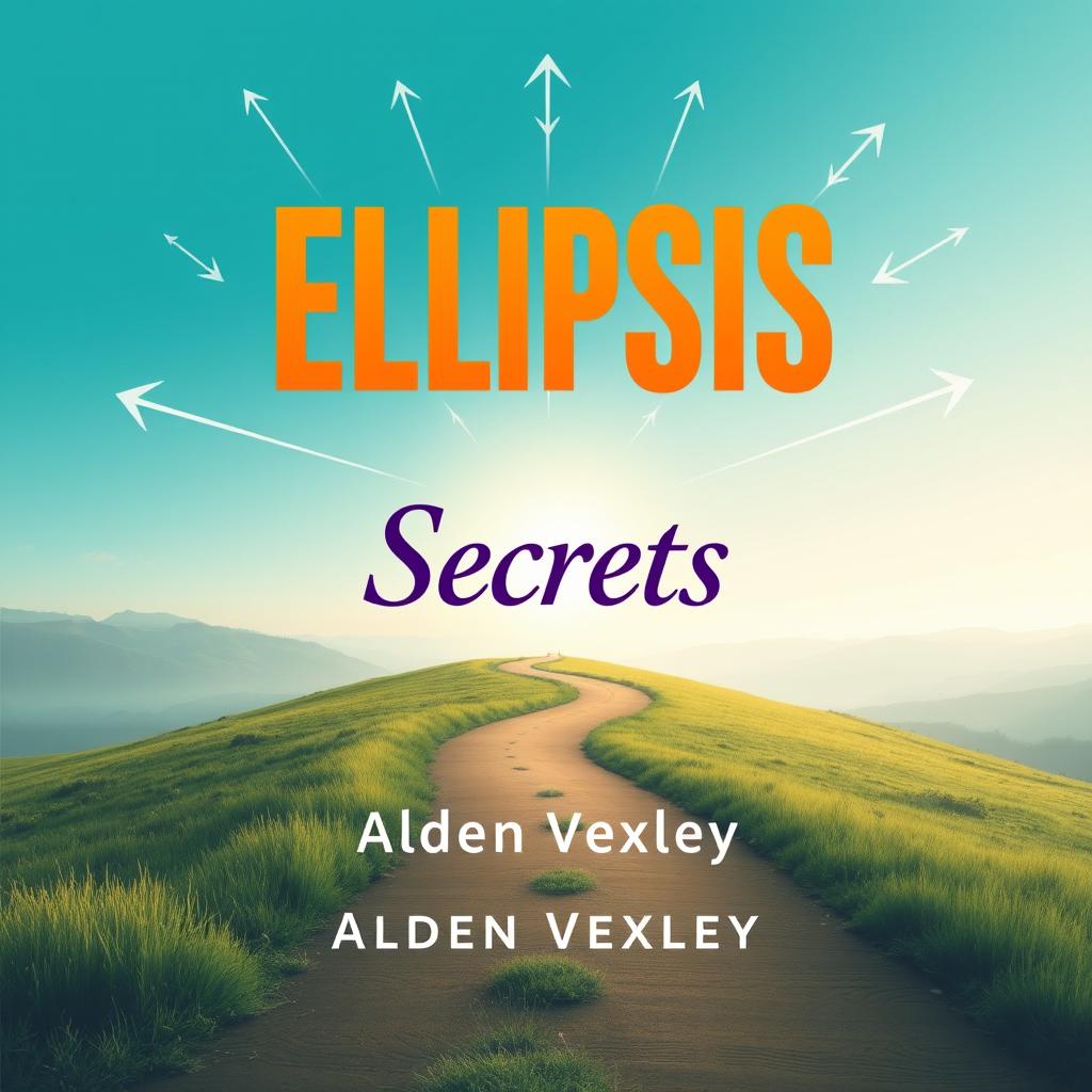 A flat cover design for a book titled 'Elipsis Secrets', centered in bold, eye-catching typography with vibrant color contrast over a serene landscape background featuring a winding path leading toward a bright horizon, symbolizing transformation