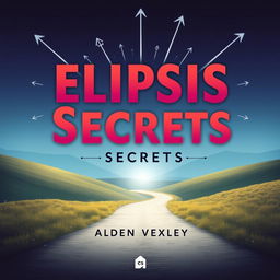A flat cover design for a book titled 'Elipsis Secrets', centered in bold, eye-catching typography with vibrant color contrast over a serene landscape background featuring a winding path leading toward a bright horizon, symbolizing transformation