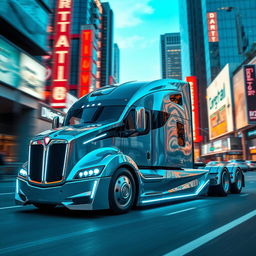 A futuristic semi truck showcased in a dynamic urban environment, featuring sleek aerodynamic lines, LED lights, and a polished metallic finish