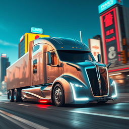 A futuristic semi truck showcased in a dynamic urban environment, featuring sleek aerodynamic lines, LED lights, and a polished metallic finish