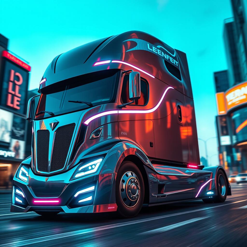 A futuristic semi truck showcased in a dynamic urban environment, featuring sleek aerodynamic lines, LED lights, and a polished metallic finish