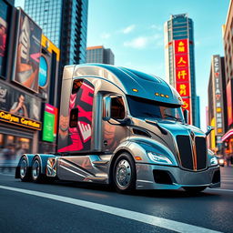 A futuristic semi truck showcased in a dynamic urban environment, featuring sleek aerodynamic lines, LED lights, and a polished metallic finish