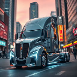 A futuristic longnose semi truck featuring an elongated, aerodynamic design with a striking front cab, enhanced by sleek contours and metallic textures