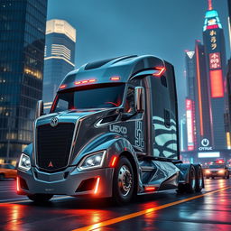 A futuristic longnose semi truck featuring an elongated, aerodynamic design with a striking front cab, enhanced by sleek contours and metallic textures