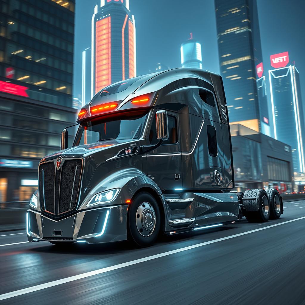A futuristic longnose semi truck featuring an elongated, aerodynamic design with a striking front cab, enhanced by sleek contours and metallic textures