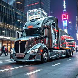 A futuristic longnose semi truck featuring an elongated, aerodynamic design with a striking front cab, enhanced by sleek contours and metallic textures