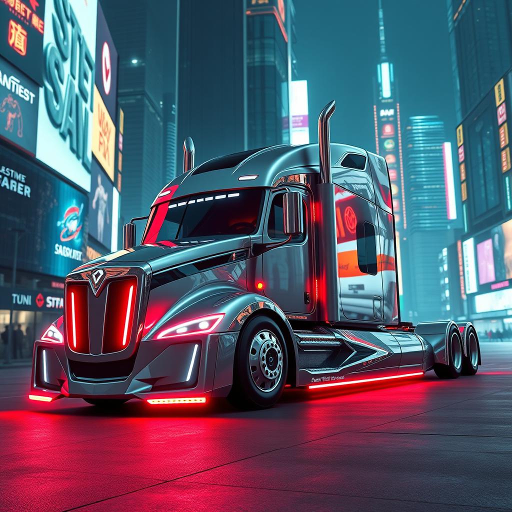 A futuristic longnose semi truck designed with an elongated, sleek profile and cutting-edge features