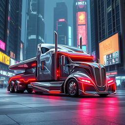 A futuristic longnose semi truck designed with an elongated, sleek profile and cutting-edge features