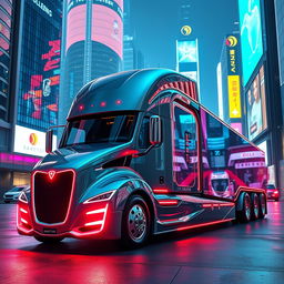 A futuristic longnose semi truck designed with an elongated, sleek profile and cutting-edge features