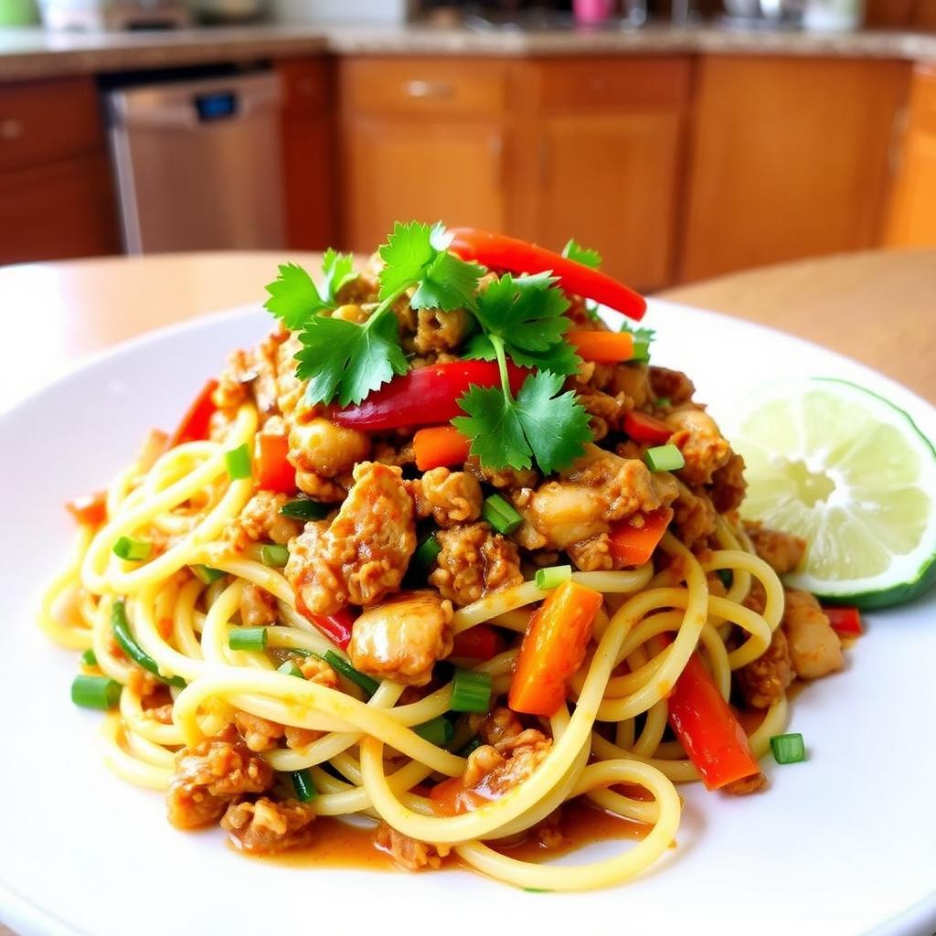 A vibrant and appetizing plate of Mei Goreng Zoodles, made with spiralized zucchini noodles