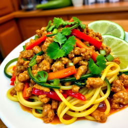 A vibrant and appetizing plate of Mei Goreng Zoodles, made with spiralized zucchini noodles
