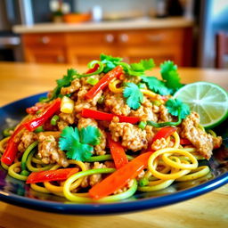 A vibrant and appetizing plate of Mei Goreng Zoodles, made with spiralized zucchini noodles