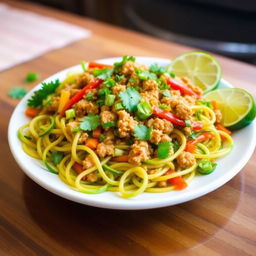 A vibrant and appetizing plate of Mei Goreng Zoodles, made with spiralized zucchini noodles