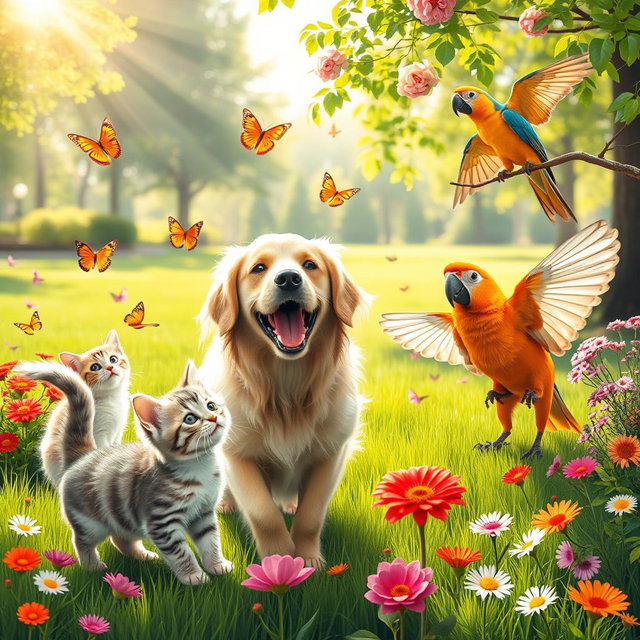 A joyful scene depicting the positive energy of pets, featuring a variety of adorable animals such as a playful golden retriever, a curious kitten, and a cheerful parrot