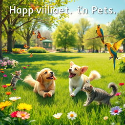 A joyful scene depicting the positive energy of pets, featuring a variety of adorable animals such as a playful golden retriever, a curious kitten, and a cheerful parrot