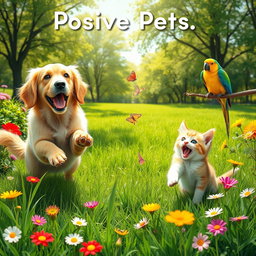 A joyful scene depicting the positive energy of pets, featuring a variety of adorable animals such as a playful golden retriever, a curious kitten, and a cheerful parrot