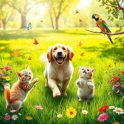 A joyful scene depicting the positive energy of pets, featuring a variety of adorable animals such as a playful golden retriever, a curious kitten, and a cheerful parrot