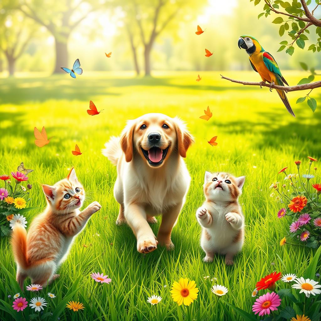 A joyful scene depicting the positive energy of pets, featuring a variety of adorable animals such as a playful golden retriever, a curious kitten, and a cheerful parrot