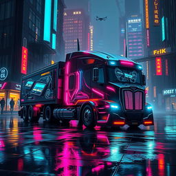 A futuristic Cyber-punk style longnose semi truck, characterized by its edgy design, sharp angles, and vibrant neon accents