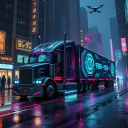 A futuristic Cyber-punk style longnose semi truck, characterized by its edgy design, sharp angles, and vibrant neon accents