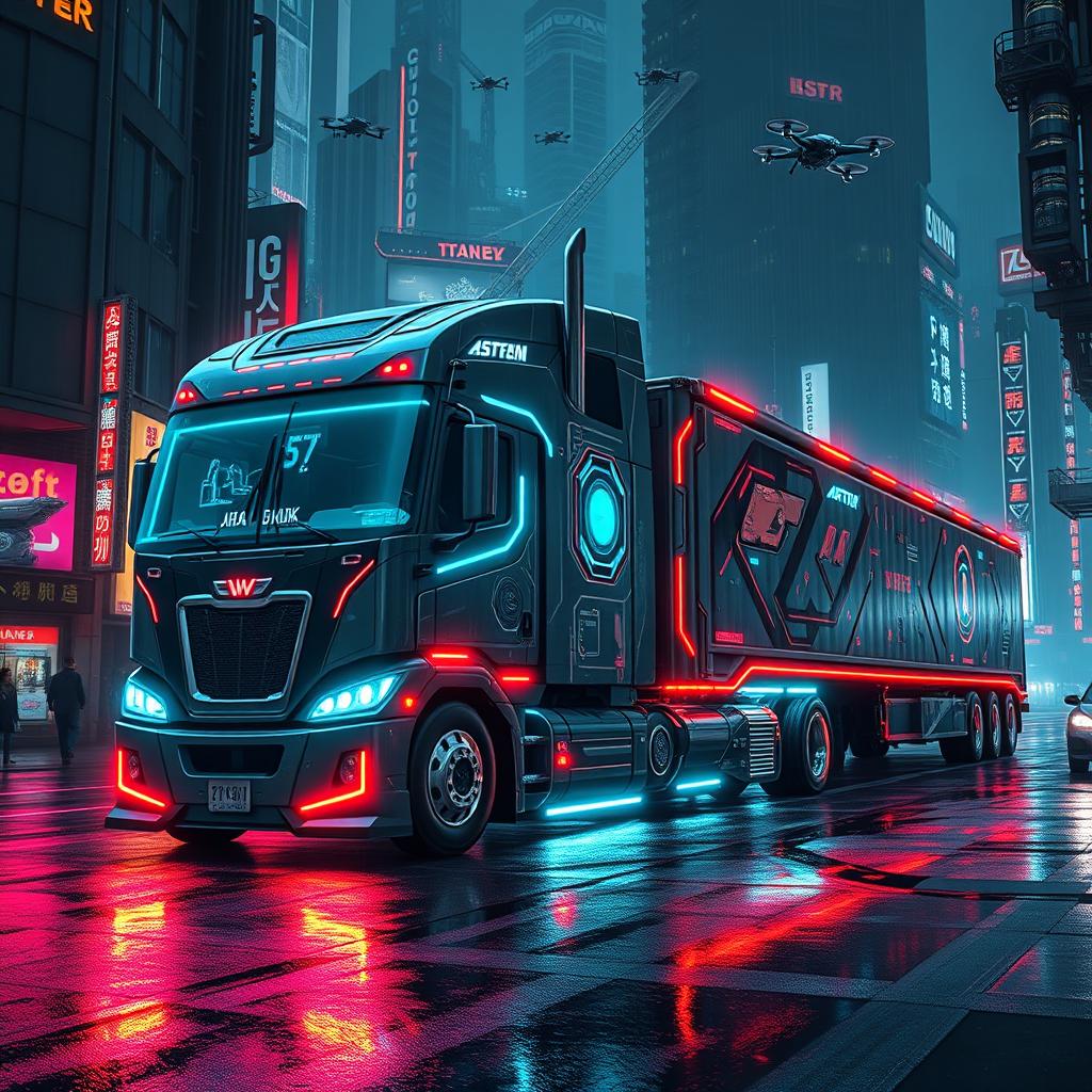 A futuristic Cyber-punk style longnose semi truck, characterized by its edgy design, sharp angles, and vibrant neon accents