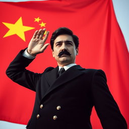 A large Chinese Communist flag serves as a backdrop, vivid red with yellow stars prominently displayed