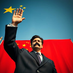 A large Chinese Communist flag serves as a backdrop, vivid red with yellow stars prominently displayed