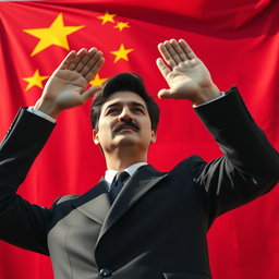 A large Chinese Communist flag serves as a backdrop, vivid red with yellow stars prominently displayed