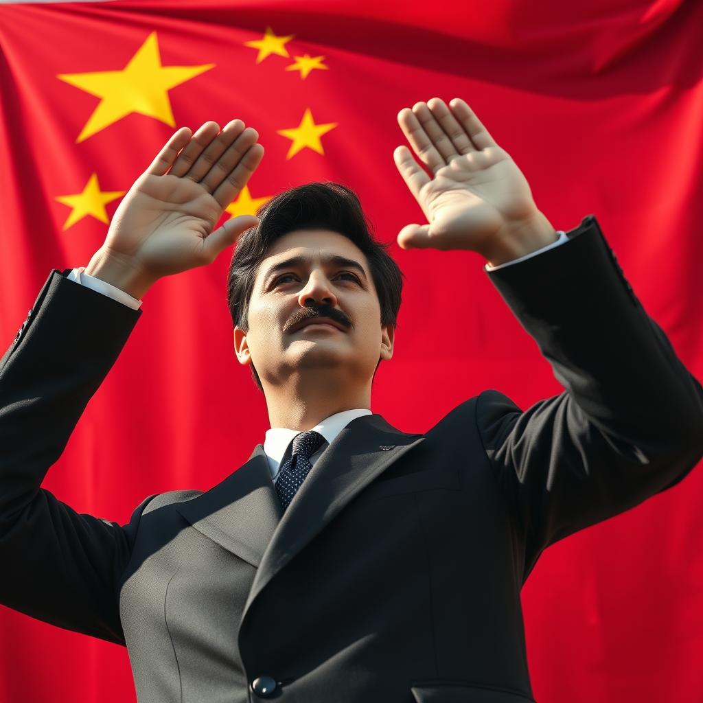 A large Chinese Communist flag serves as a backdrop, vivid red with yellow stars prominently displayed