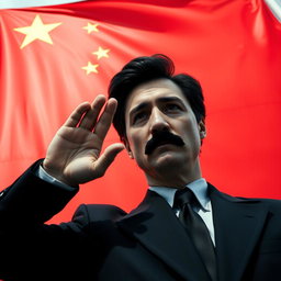 A large Chinese Communist flag serves as a backdrop, vivid red with yellow stars prominently displayed