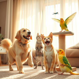 A heartwarming scene featuring a variety of happy pets, including a playful golden retriever, a curious tabby cat, and a cheerful parakeet